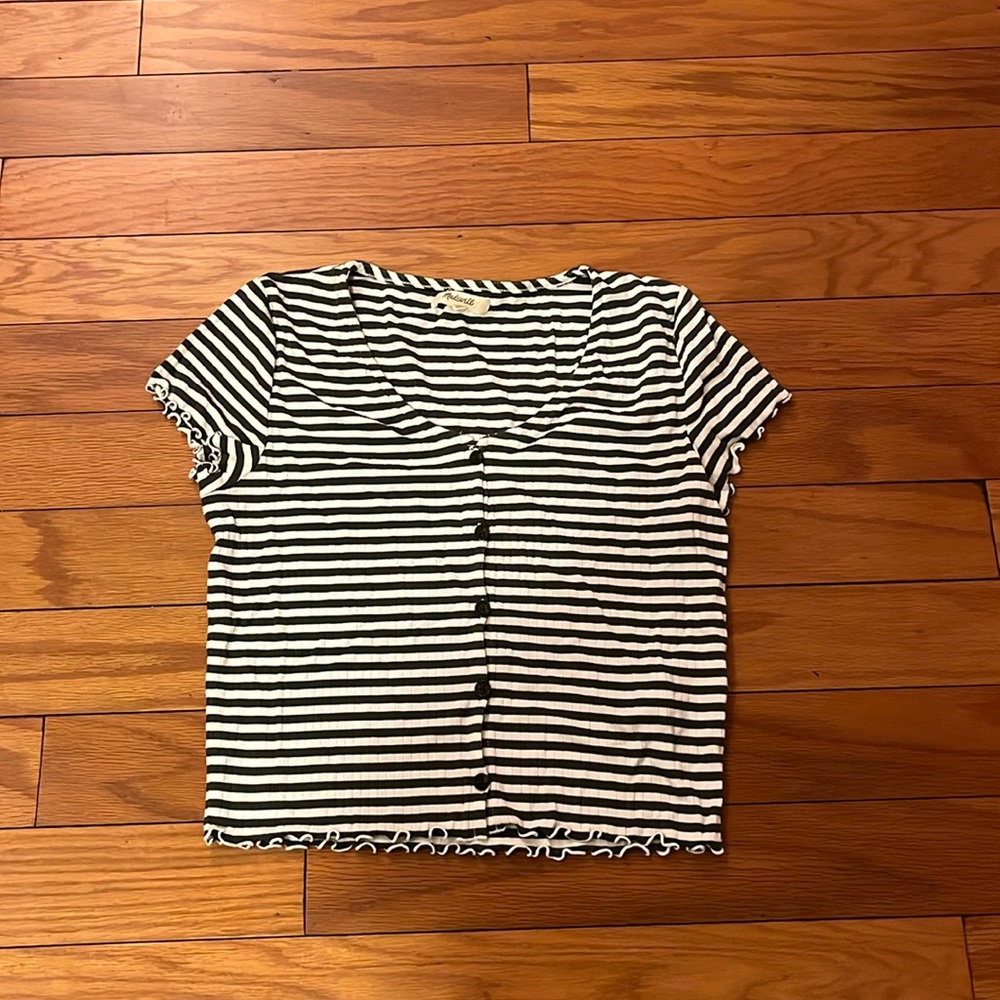 Madewell Top Womens Medium Green White Striped Short Sleeve Cropped